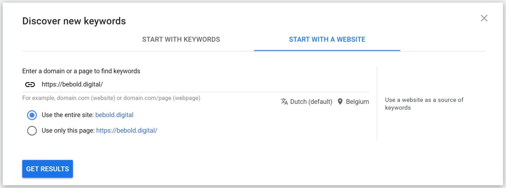 Google Ads keyword analysis - start with a website